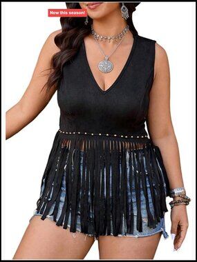 Plus Size Faux Suede Fringe Tank Top Sleeveless V-Neck Western 70s Hippie